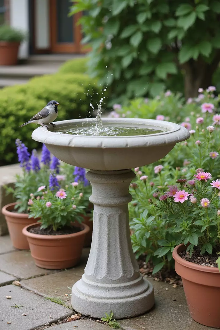 A photo of a typical American home’s garden patio showing a classic concrete bird bath placed among potted flowers, with a small bird splashing in the water.