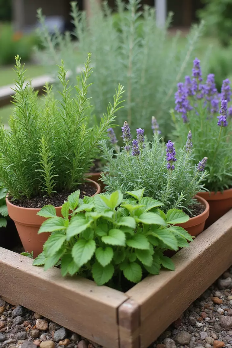 A professional photo, similar to a photo in a gardening magazine, of a collection of herbs like rosemary, thyme, lavender, and mint growing in terracotta pots and a small raised wooden bed.