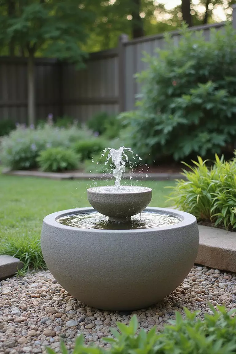 A photo of a typical American home’s garden showcasing a sleek, contemporary fountain featuring a smooth sphere, often concrete or polished stone, with water bubbling over the top surface.