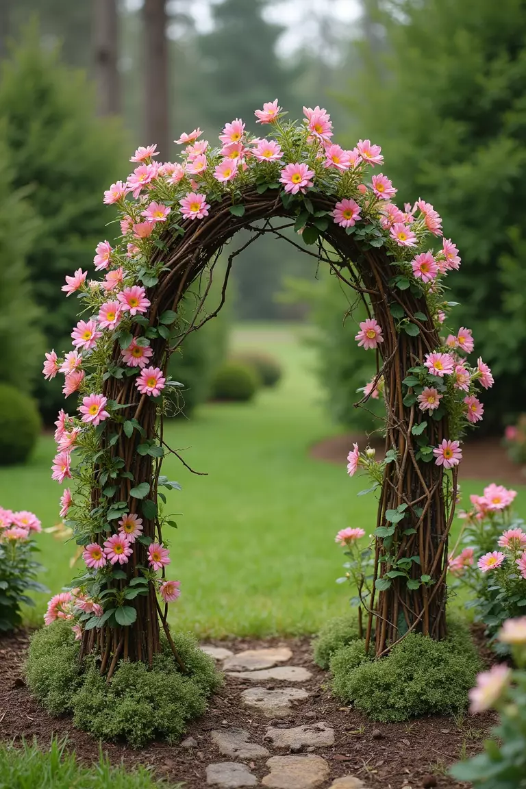 A photo of a typical American garden showing a fairy garden arch made of bent twigs covered in tiny artificial flowers.