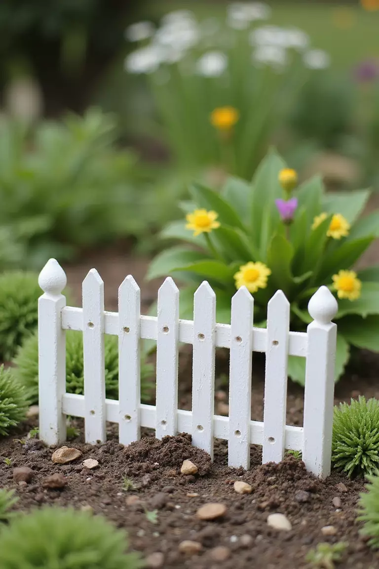 A photo of a typical American garden showing a small white picket fence section made of craft sticks enclosing a miniature garden area.