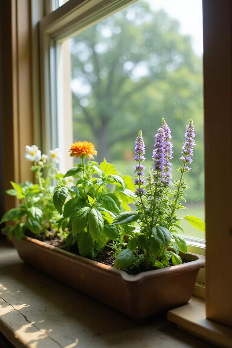 A close-up photo of a typical American home’s kitchen window from the outside, showing a cheerful window box overflowing with basil, sage, and colorful flowering herbs, sunlight glinting off the leaves.