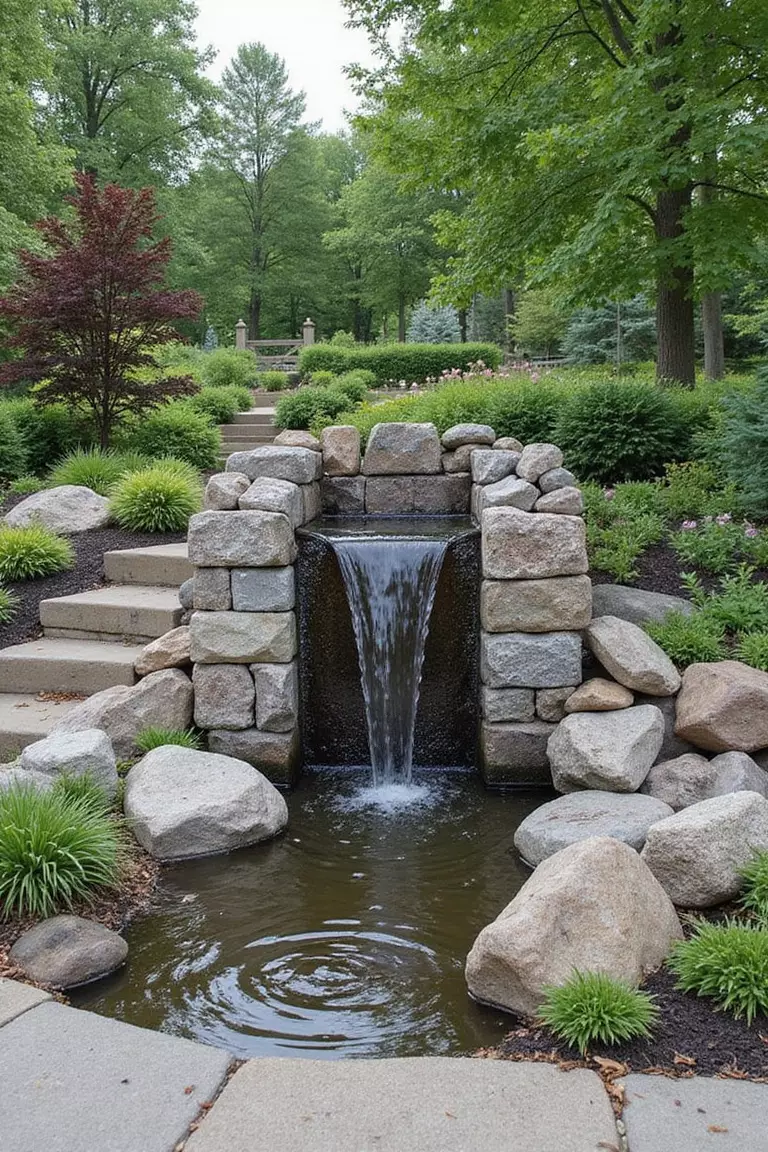 A photo of a typical American garden with a simple, contemporary water feature like a bubbling basalt column or a sleek wall fountain.