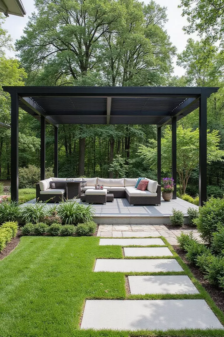 A photo of a typical American garden showing a sleek, black metal pergola providing shade over a modern outdoor seating area.