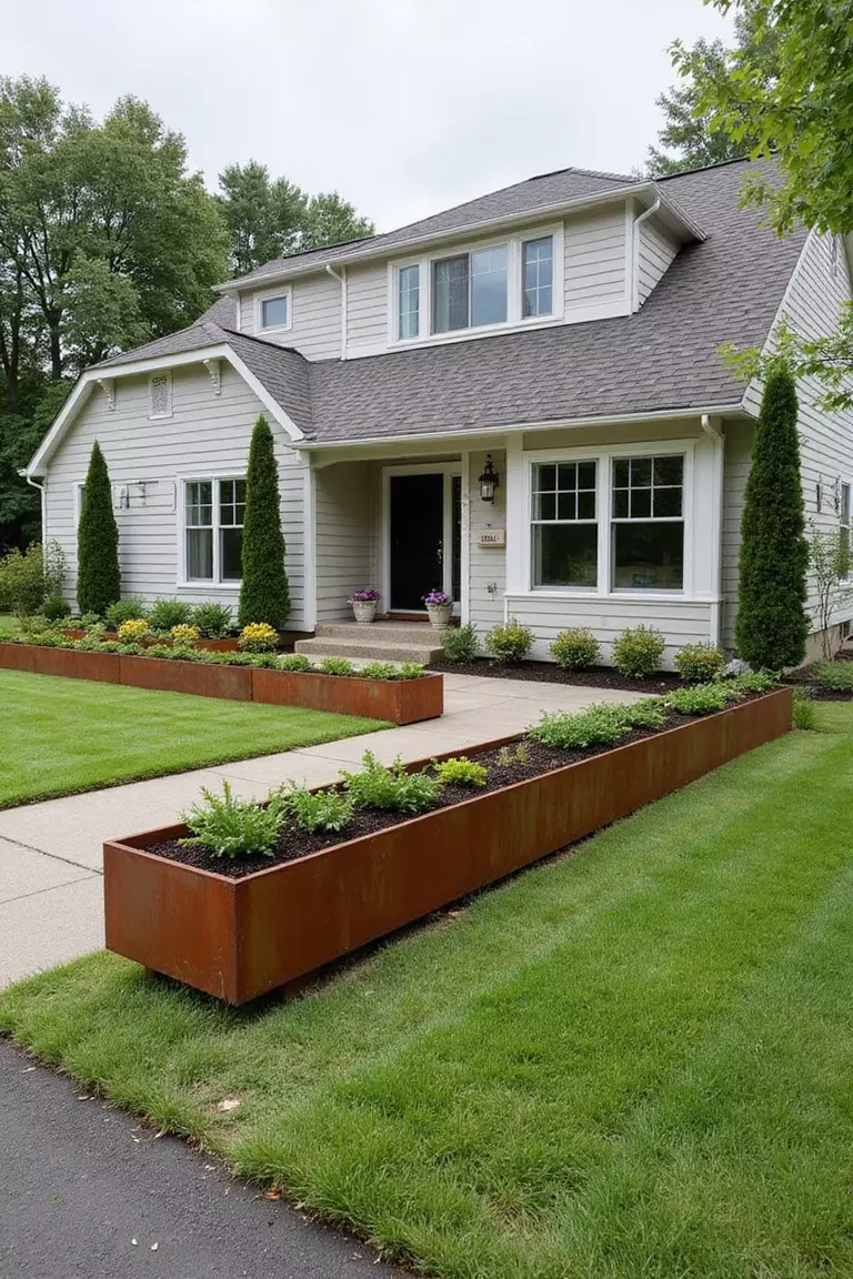 Front yard of a typical American suburban home with a modern garden design using long, rectangular Corten steel planter boxes as a border.