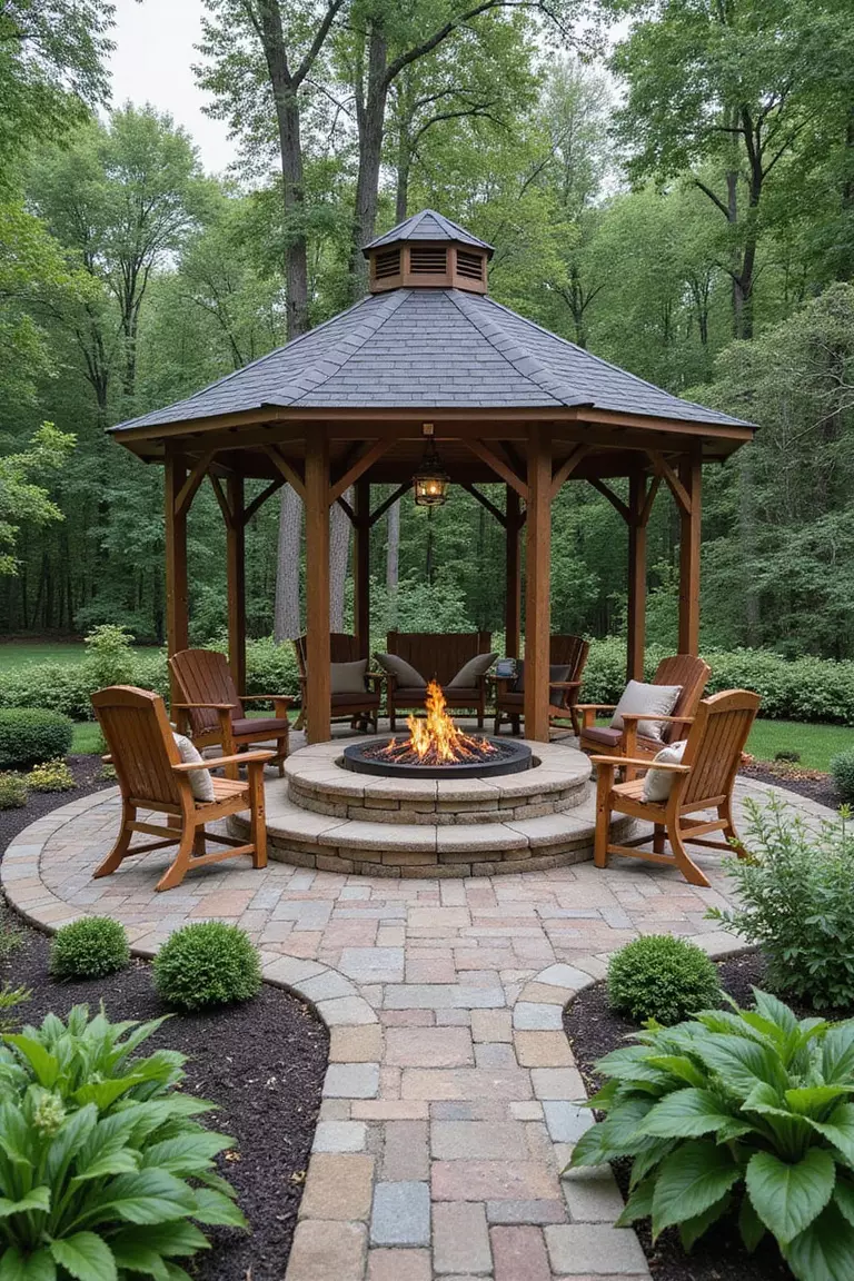 A photo of a typical American home’s garden centered around a gazebo that has a built-in fire pit in the middle, surrounded by seating.