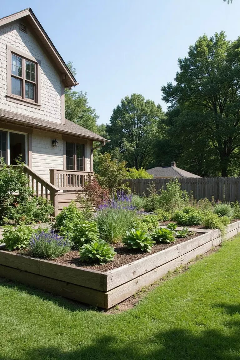 Backyard of a typical American suburban home with a garden using thick, weathered wooden railway sleepers laid horizontally as a raised bed border.