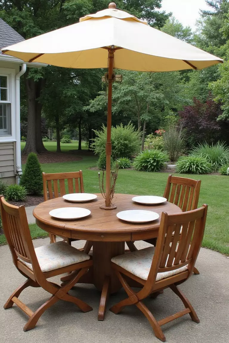 A photo of a typical American home’s garden patio showing a wooden dining table set with simple plates and chairs, ready for an outdoor meal.