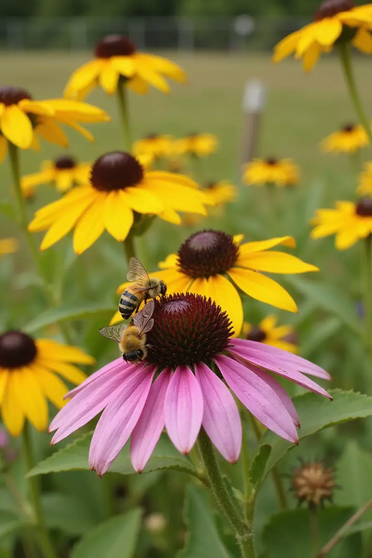 A professional photo, similar to a photo in a gardening magazine, of bees and butterflies actively gathering nectar from bright purple coneflowers and yellow sunflowers in a meadow garden.