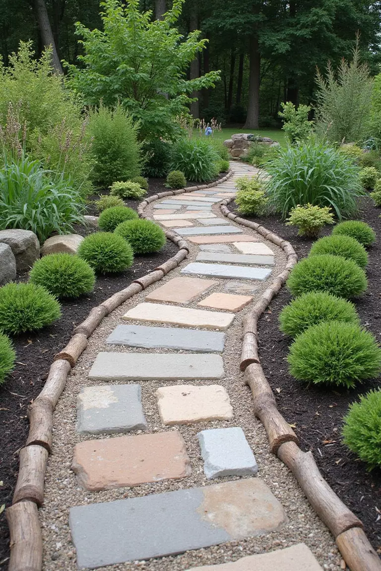 A professional photo, similar to a photo in a gardening magazine, of a pathway made of natural flagstones winding through a garden bed edged with small logs. Wood and stone harmonise.