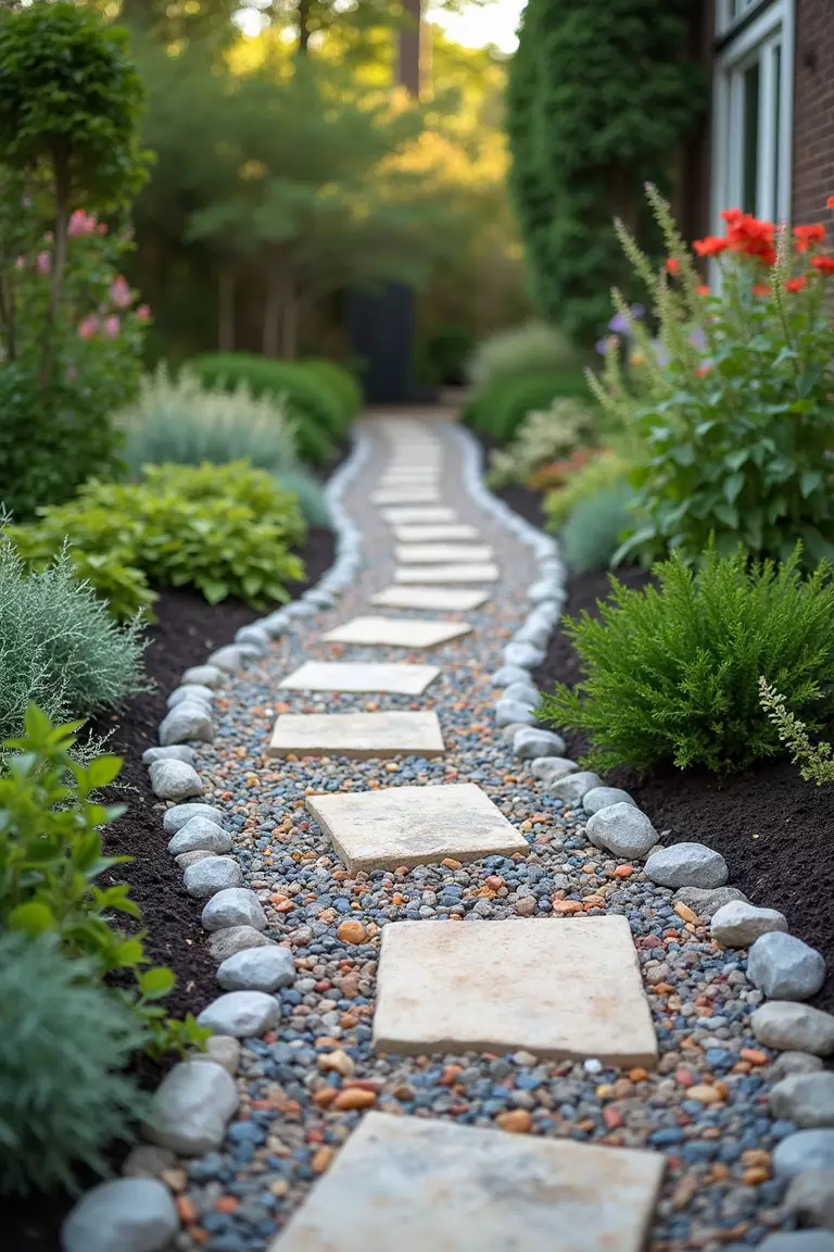 A photo of a typical American garden path, its edges lined neatly with small stones and colorful mosaic tiles set in mortar.
