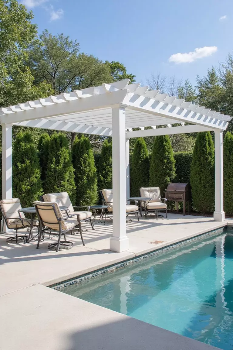 A photo of a typical American home’s garden adjacent to a swimming pool, showing a large white pergola shading comfortable outdoor lounge chairs and tables.