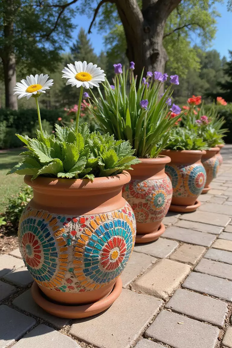 A close-up photo of a typical American garden patio displaying terracotta flower pots adorned with vibrant mosaic patterns made from broken ceramic shards.