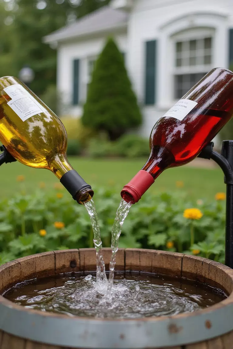 A close-up photo of a typical American home’s garden showing several colorful wine bottles arranged upside down, with water trickling from their necks into a wooden barrel base.