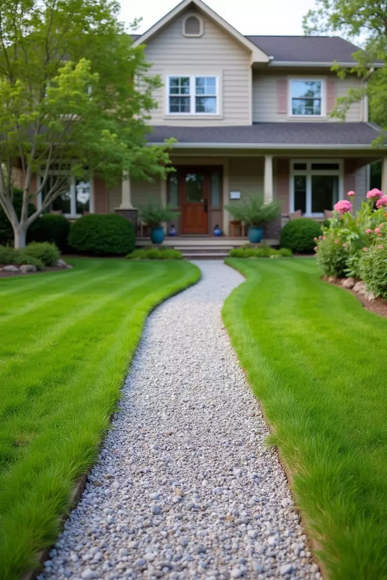 Front yard of a typical American suburban home with a garden separated from the lawn by a neat trench filled with light grey pea gravel.