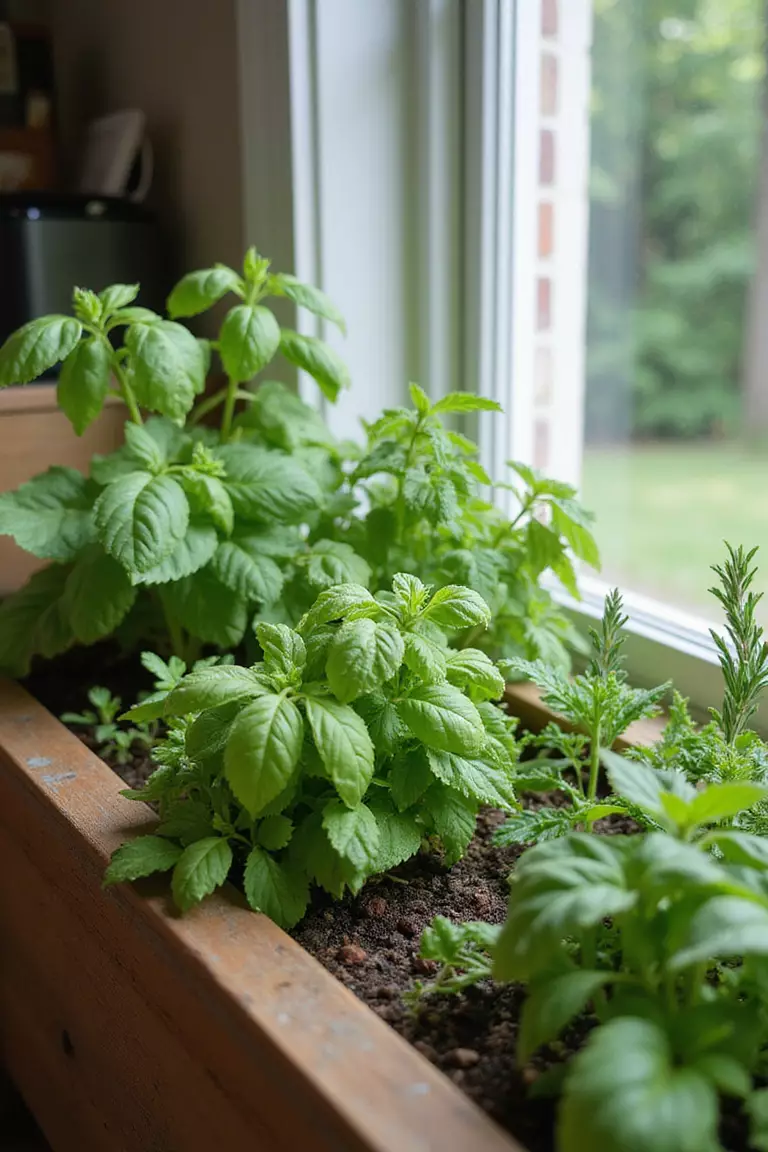 A photo of a typical American home’s garden featuring a rustic wooden planter box overflowing with various green herbs like basil, mint, and rosemary near a kitchen window.