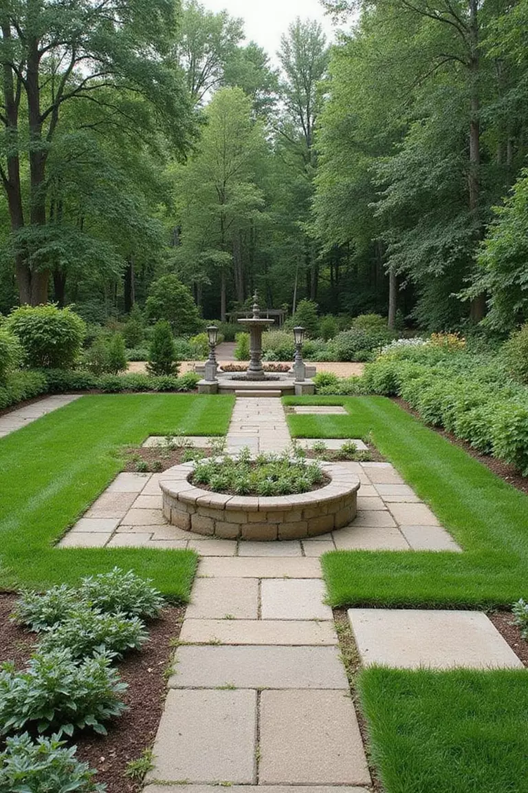 A photo of a typical American garden design emphasizing strong geometric shapes, such as square lawns, rectangular planters, and straight pathways.