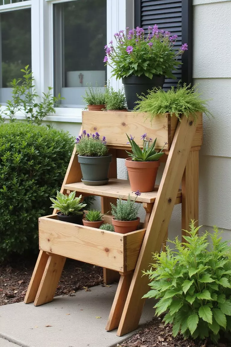 A photo of a typical American home’s garden featuring a small, wooden three-step stair-like stand holding various potted plants and small planter boxes on each step.