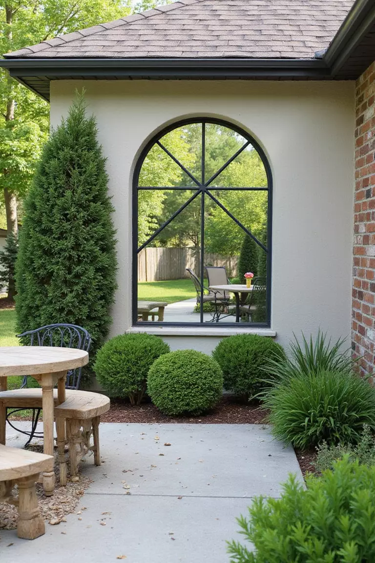 A photo of a typical American home’s garden patio wall featuring an arched, window-pane style outdoor mirror reflecting the greenery.