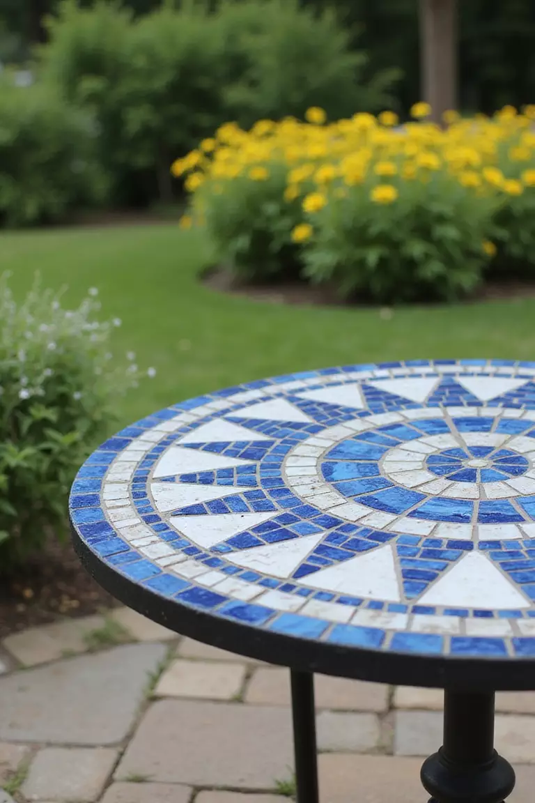 A close-up photo of a typical American garden patio with a small round outdoor table, its top covered in a geometric mosaic pattern using blue and white tiles.