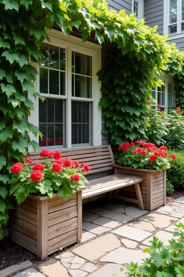 A photo of a typical American home's garden showing a wooden bench with built-in planter boxes on each end, filled with bright red geraniums and trailing ivy.