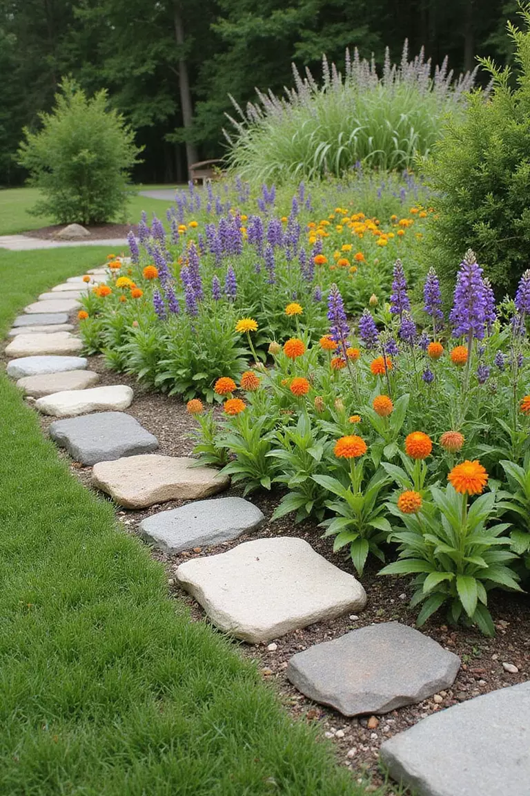 A professional photo, similar to a photo in a gardening magazine, of a low border made of various sized natural fieldstones defining the edge of a colorful meadow garden.