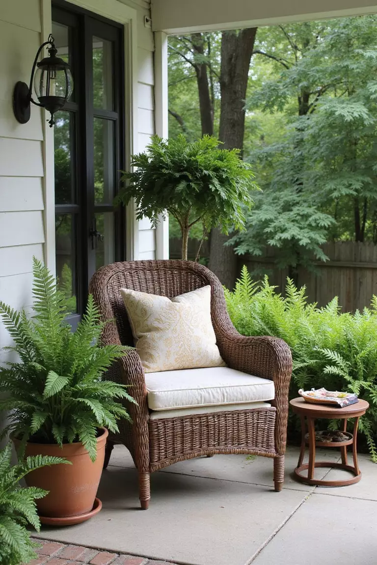 A photo of a typical American home’s garden patio corner featuring a cozy wicker armchair with plush cushions, surrounded by potted ferns and a small side table.