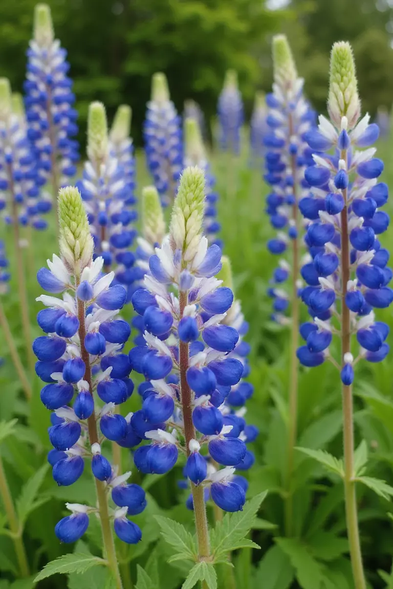 A professional photo, similar to a photo in a gardening magazine, of drifts or clumps of the same type of wildflower, like blue lupines, planted together in a meadow garden for visual impact.