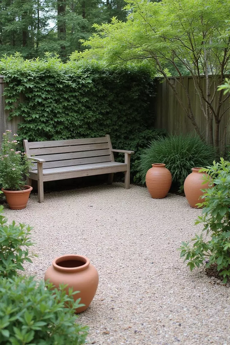 A professional photo, similar to a photo in a gardening magazine, of a seating area covered in fine pea gravel. A simple wooden bench and terra cotta pots sit on the gravel surface.