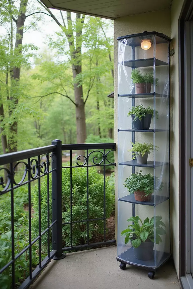 A photo of a typical American home’s garden showing a small apartment balcony with a tall, narrow shelving unit enclosed in clear plastic, containing potted plants.