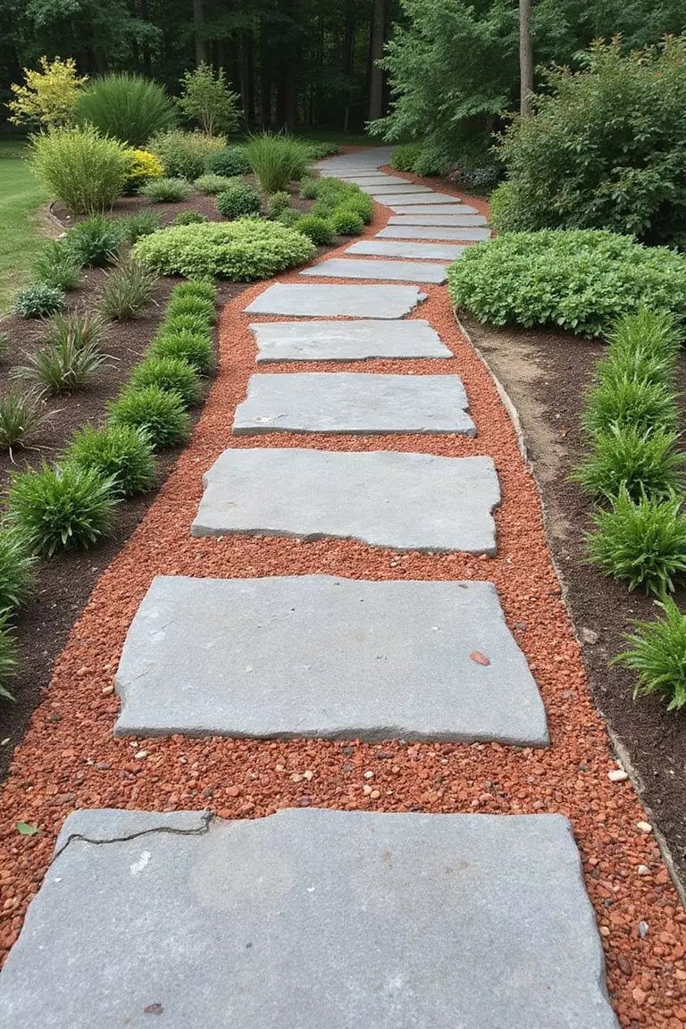 A photo of a typical American gardenpath combining sections of grey flagstone with areas of reddish pea gravel for textural contrast.