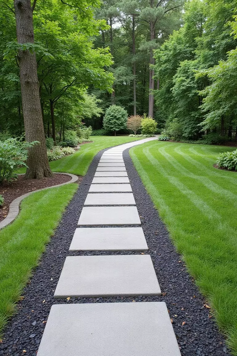 A photo of a typical American garden featuring clean pathways made of large concrete pavers separated by strips of dark gravel or grass.