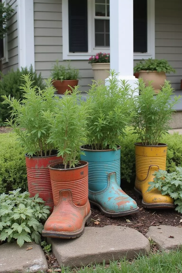 A close-up photo of a typical American home’s garden area displaying quirky containers like colorful painted tin cans and old worn boots used as planters for various herbs.