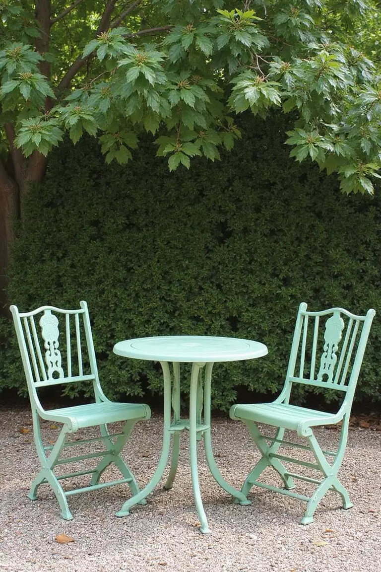 A professional photo, similar to a photo in a gardening magazine, of a small, round H2etal bistro table and two matching chairs painted light green, placed on a gravel area under tree shade.