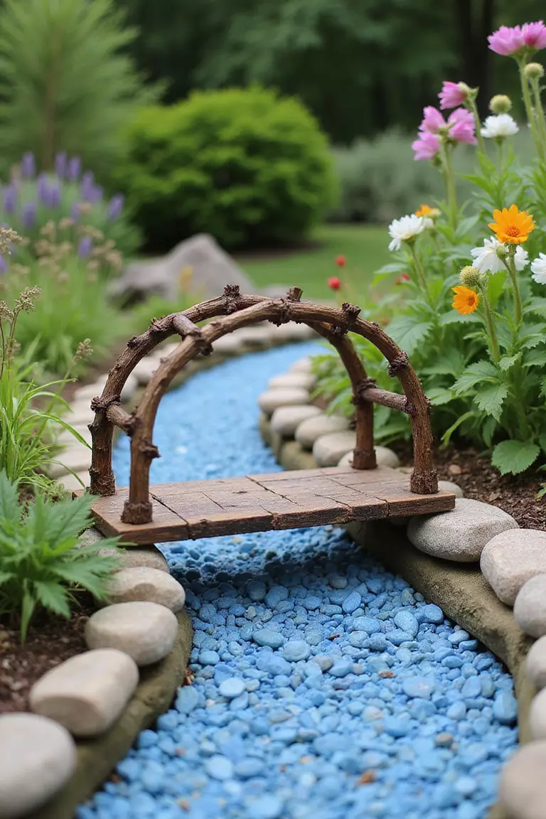 A photo of a typical American garden featuring a small arched bridge made of sticks placed over a dry creek bed of blue pebbles.