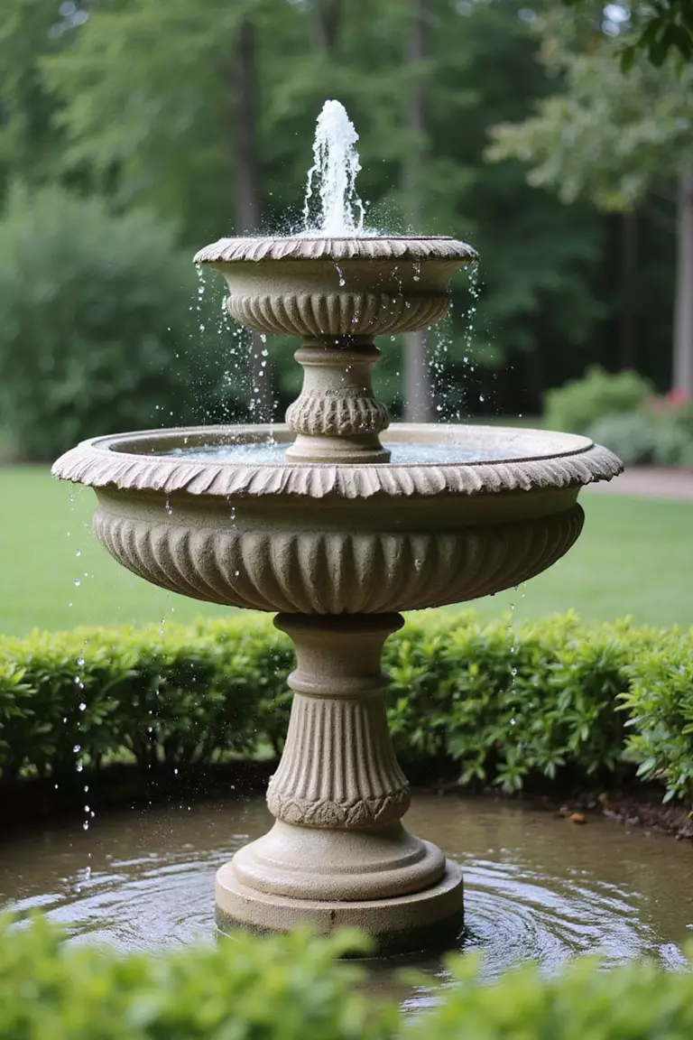 A photo of a typical American home’s garden displaying an elegant urn fountain standing tall, water bubbling from the top and flowing smoothly down its sides into a hidden reservoir.