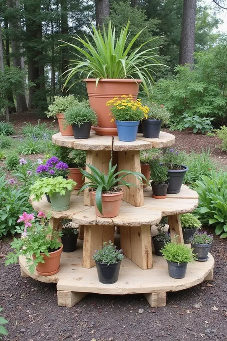 A photo of a typical American home's garden showing pallet sections cut and stacked to create a tiered stand, with different potted plants displayed on each level.