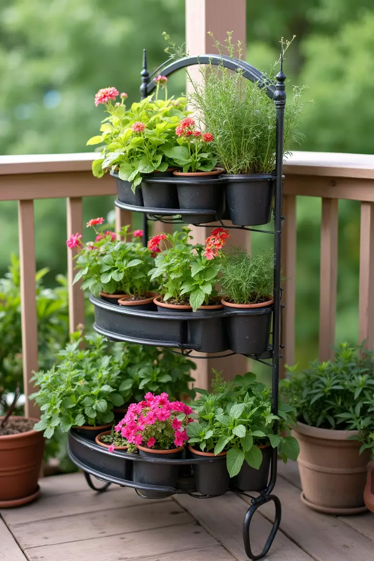 A photo of a typical American home’s garden featuring a three-tiered metal planter stand holding various small pots with colorful flowers and herbs on a balcony.