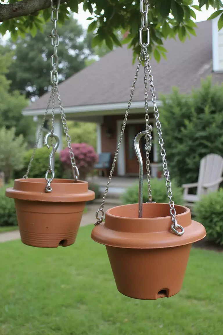 A photo of a typical American home’s garden featuring simple metal chains attached to ceiling hooks, directly holding terracotta pots with S-hooks through their drainage holes.