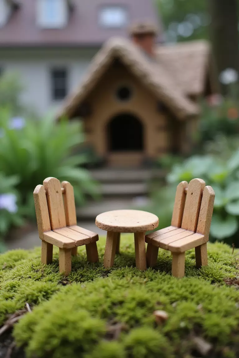 A close-up photo of a typical American garden displaying miniature wooden chairs and a table sitting on a patch of moss near a fairy house.