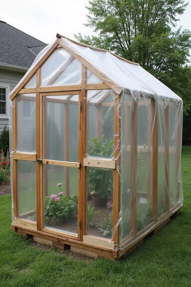 A photo of a typical American home’s garden featuring a small, sturdy greenhouse with a frame constructed primarily from wooden shipping pallets, covered with clear plastic film.