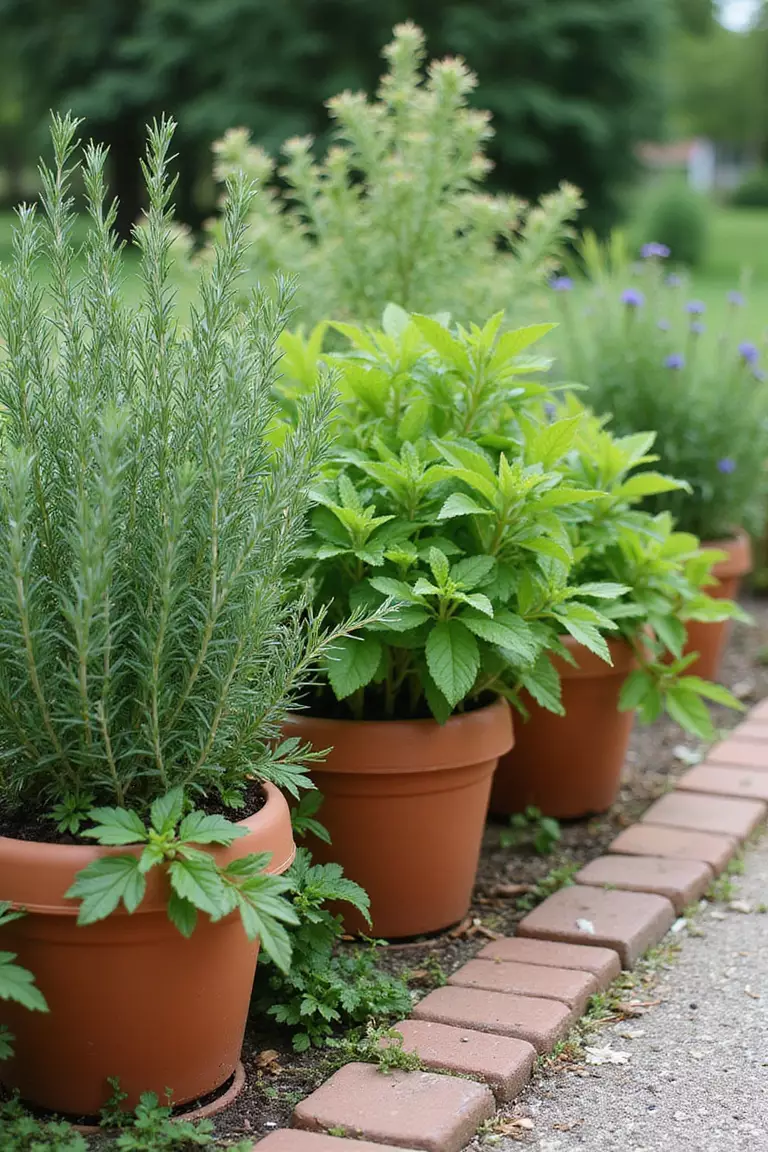A professional photo, similar to a photo in a gardening magazine, of various herbs like rosemary, thyme, and mint growing abundantly in terra cotta pots and along a path edge.