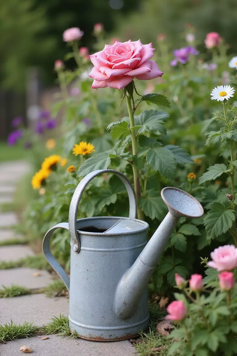 A professional photo, similar to a photo in a gardening magazine, of a vintage galvanized H2etal watering can with a large rose head, sitting amongst flowering plants near a stone path.