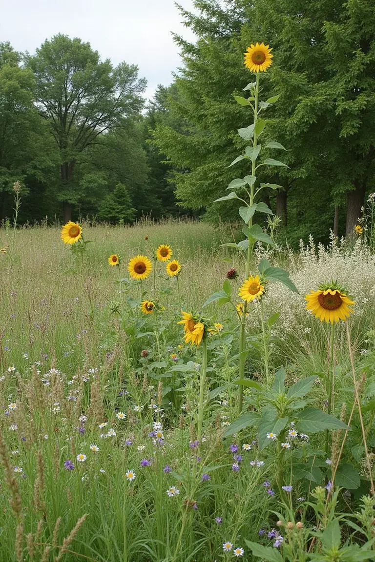 A professional photo, similar to a photo in a gardening magazine, of a meadow garden showing a mix of plant heights, from low ground cover to tall grasses and towering sunflowers.