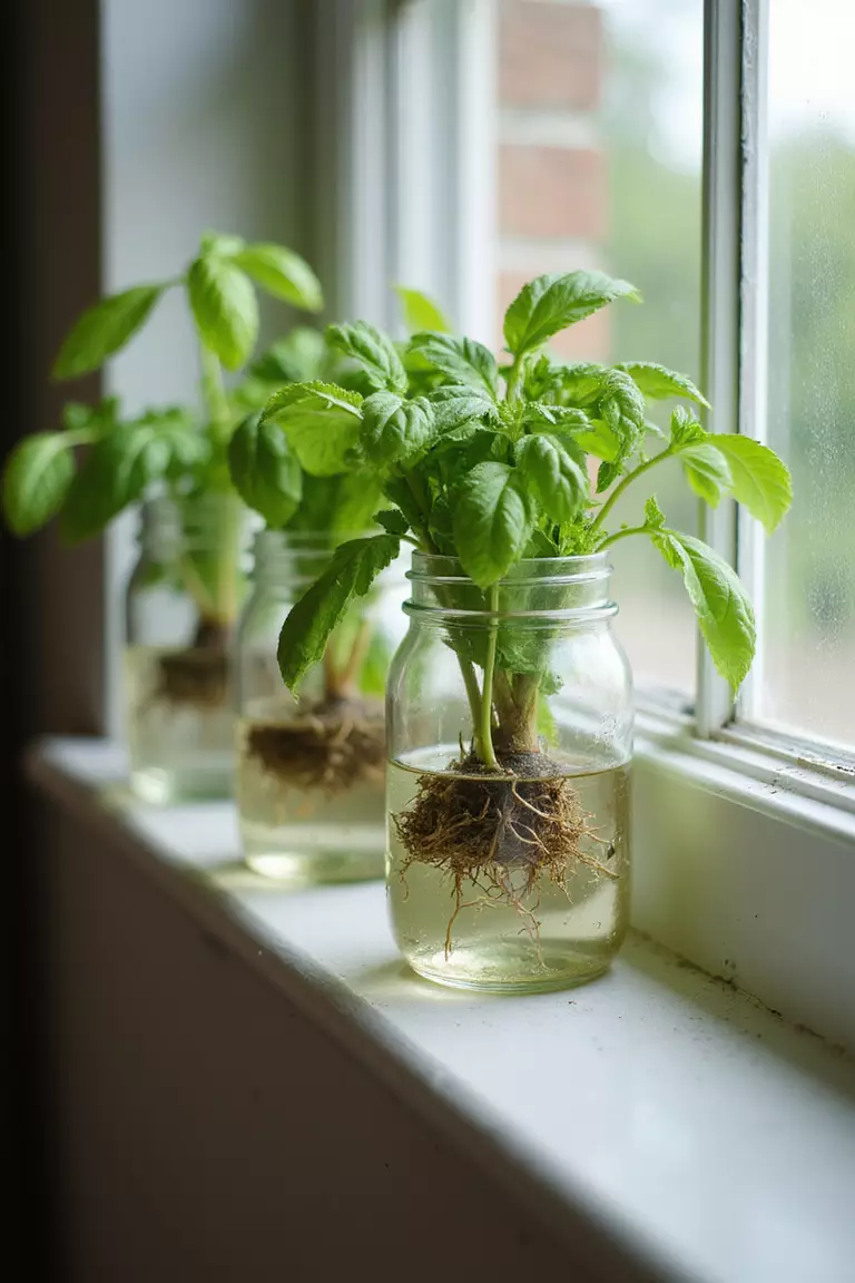 A close-up photo of a typical American home’s sunny windowsill lined with clear mason jars, each holding an herb like basil or mint with roots suspended in water, no soil visible.