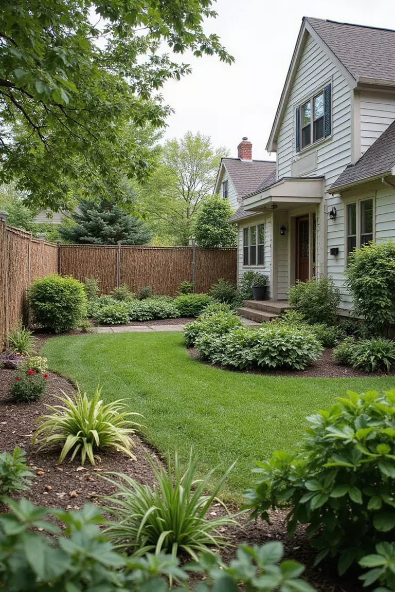 Backyard of a typical American suburban home with a garden bordered by a low, rustic woven willow hurdle fence.