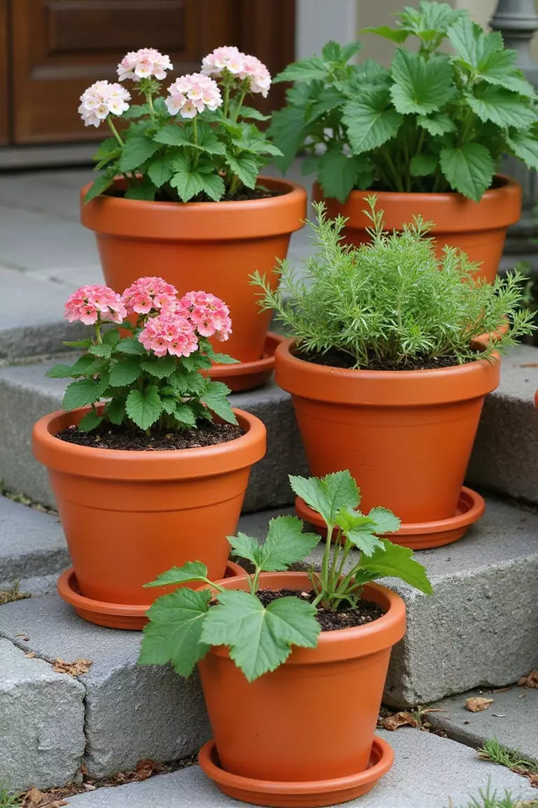 A professional photo, similar to a photo in a gardening magazine, of various sizes of classic orange terra cotta pots grouped together. Some contain geraniums, others herbs. They sit on stone steps.