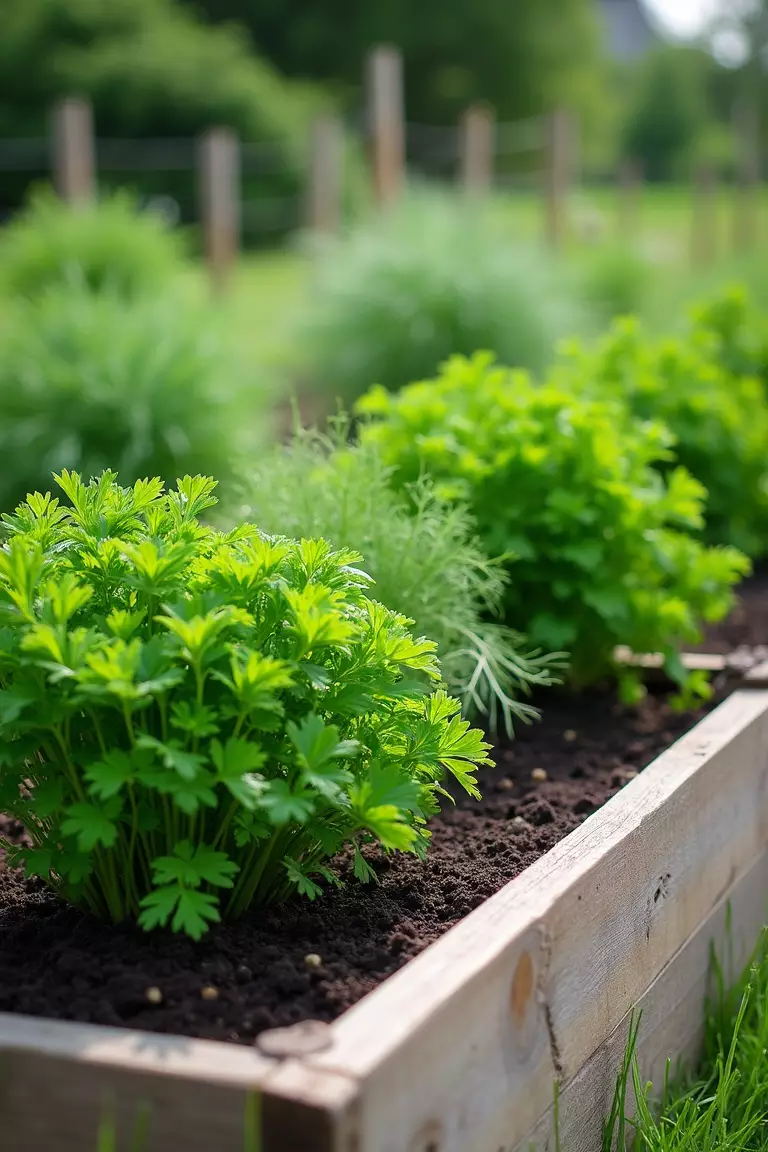A photo of a typical American home’s garden showing a neat wooden raised garden bed filled with dark soil and rows of various herbs, including large parsley bunches and feathery dill.