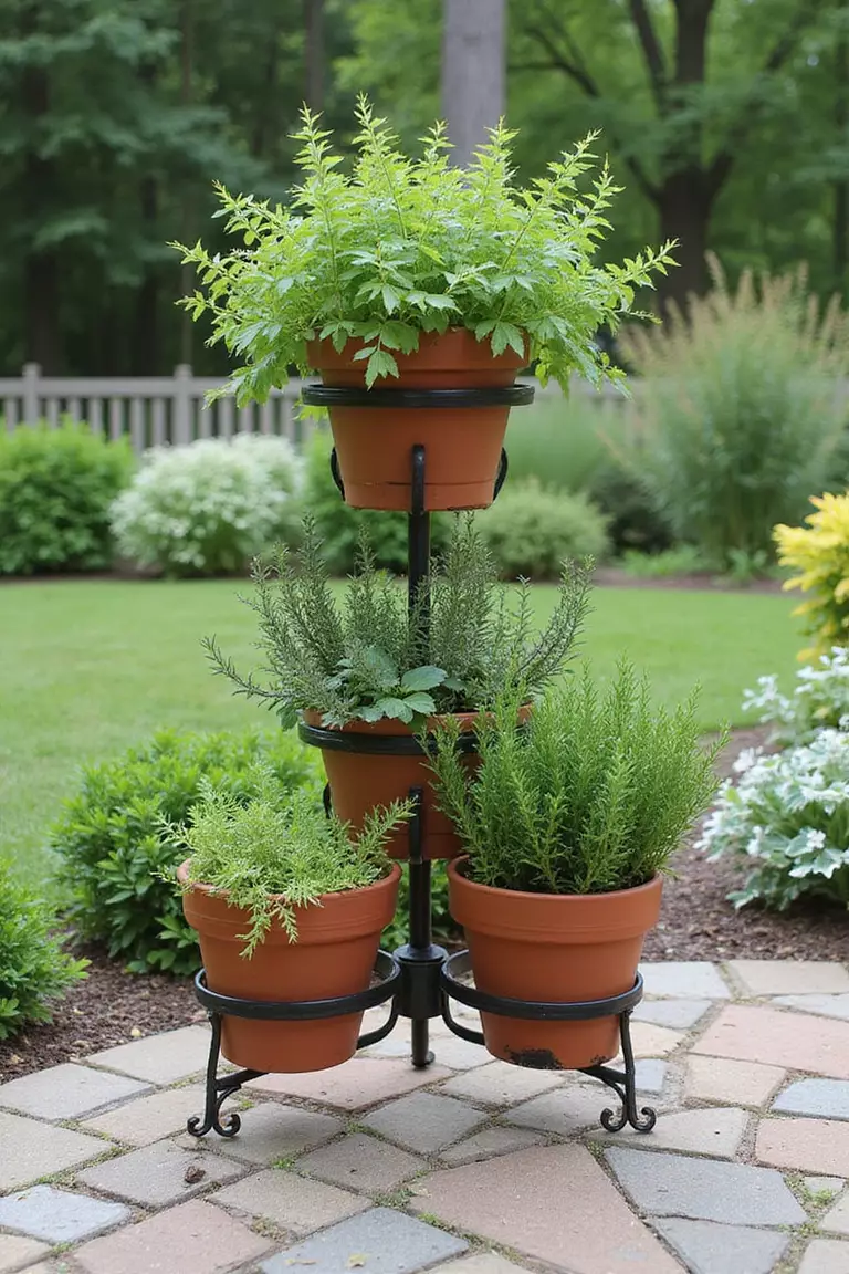 A photo of a typical American home’s garden patio showcasing a metal or wooden tiered planter stand with three levels, each holding pots filled with different herbs like oregano, thyme, and marjoram.