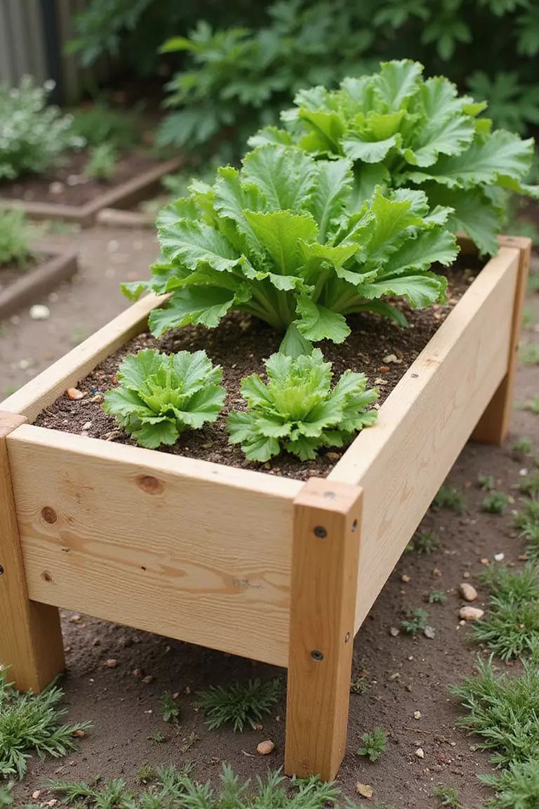 A professional photo, similar to a photo in a gardening magazine, of a waist-high wooden raised garden box on sturdy legs, filled with soil and planted with lettuce, radishes, and carrots.